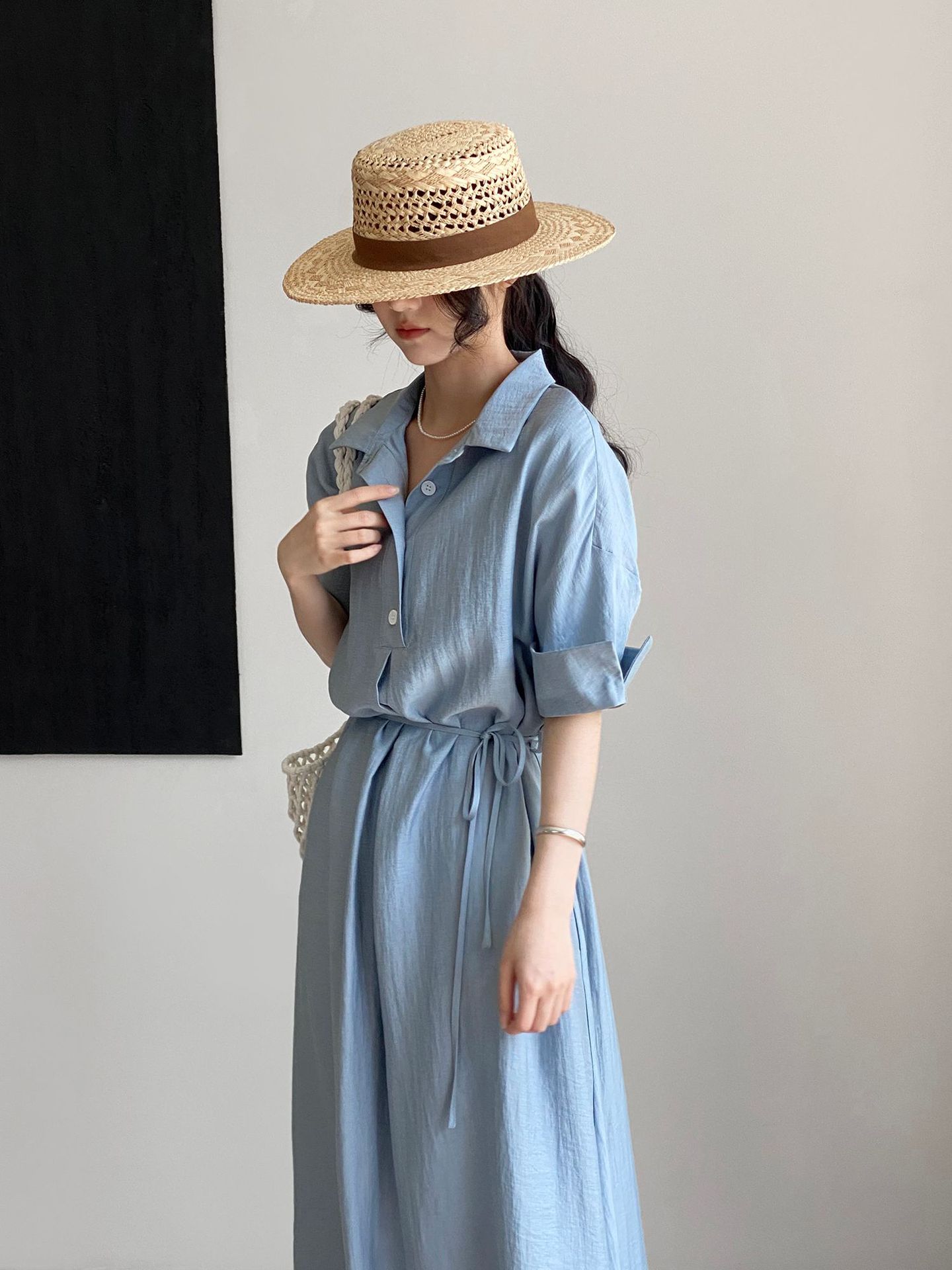 大人かわいい服 麻風合いシャツ襟ロングワンピース