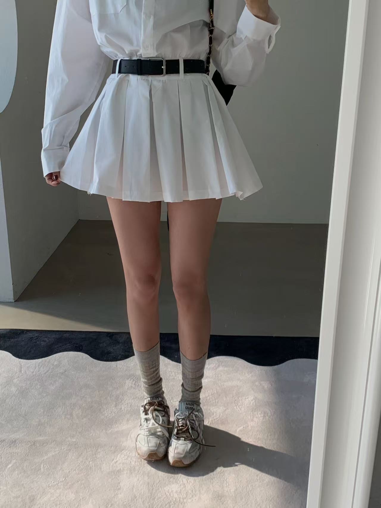 大人かわいい服 ストライプ柄シャツ襟ミニ丈ワンピース