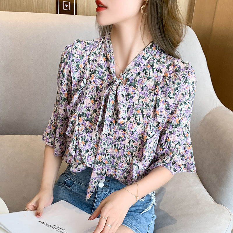大人かわいい服 花柄リボンタイ七分袖ブラウス