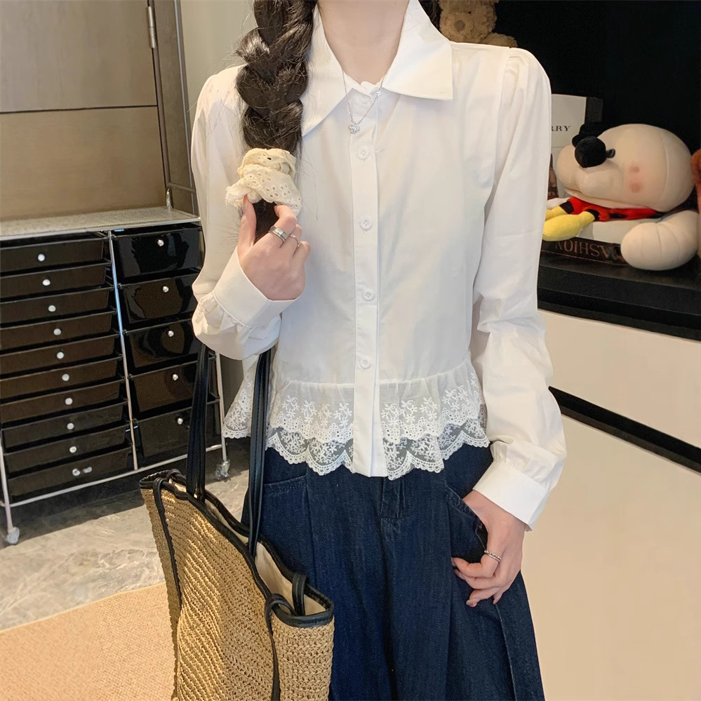 大人かわいい服 レース裾ふんわり袖ショートシャツ
