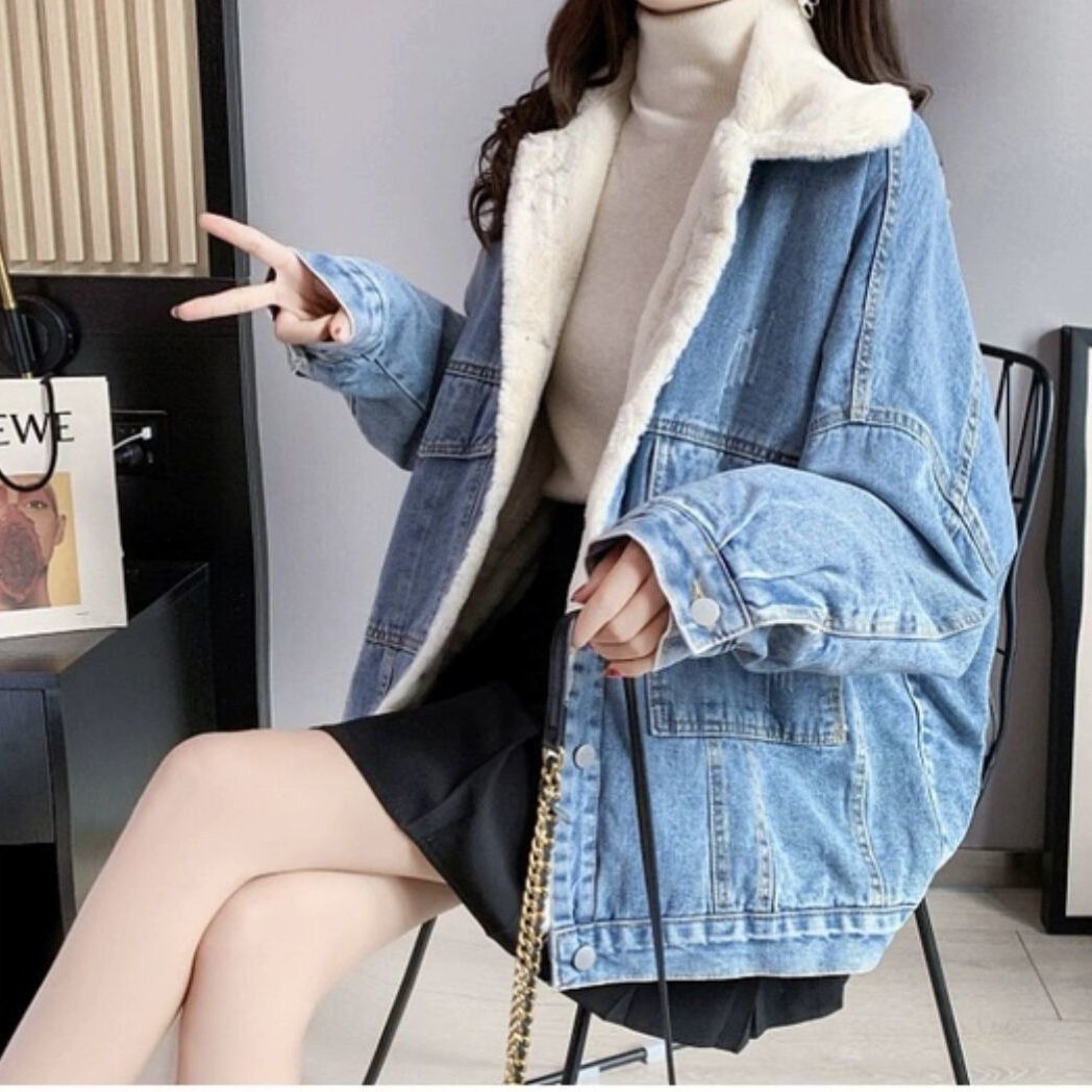 大人かわいい服 配色ステッチボア襟付きデニムジャケット