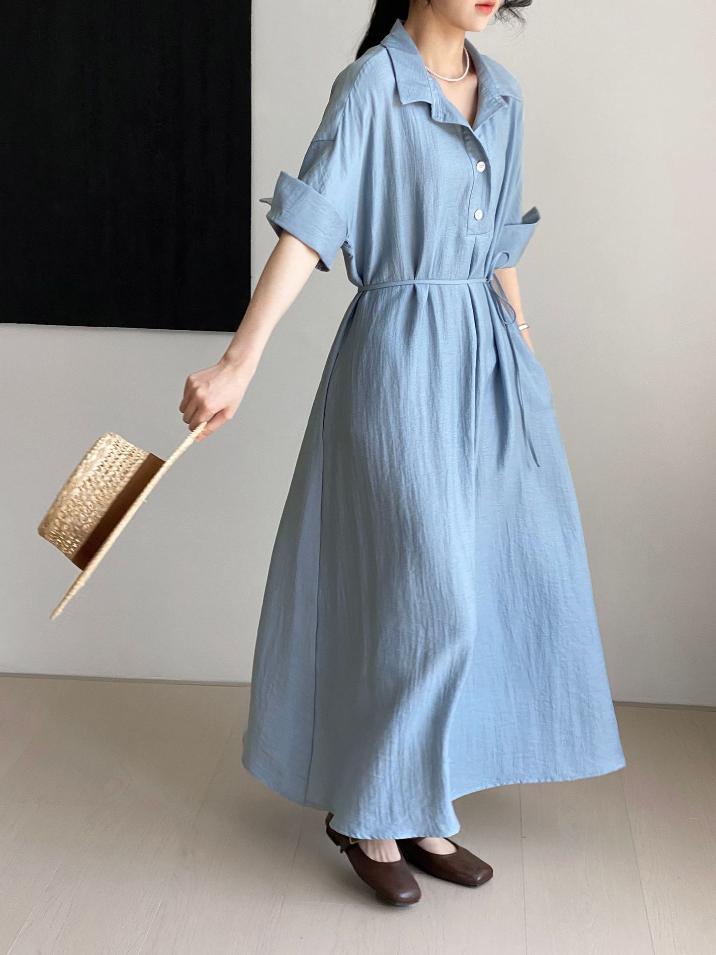 大人かわいい服 麻風合いシャツ襟ロングワンピース
