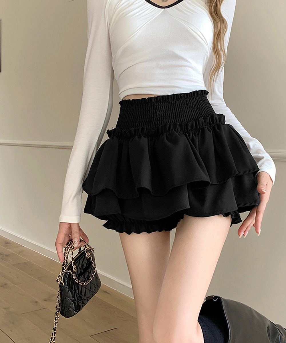 大人かわいい服 ふんわりティアードミニスカート 内蔵パンツ付き