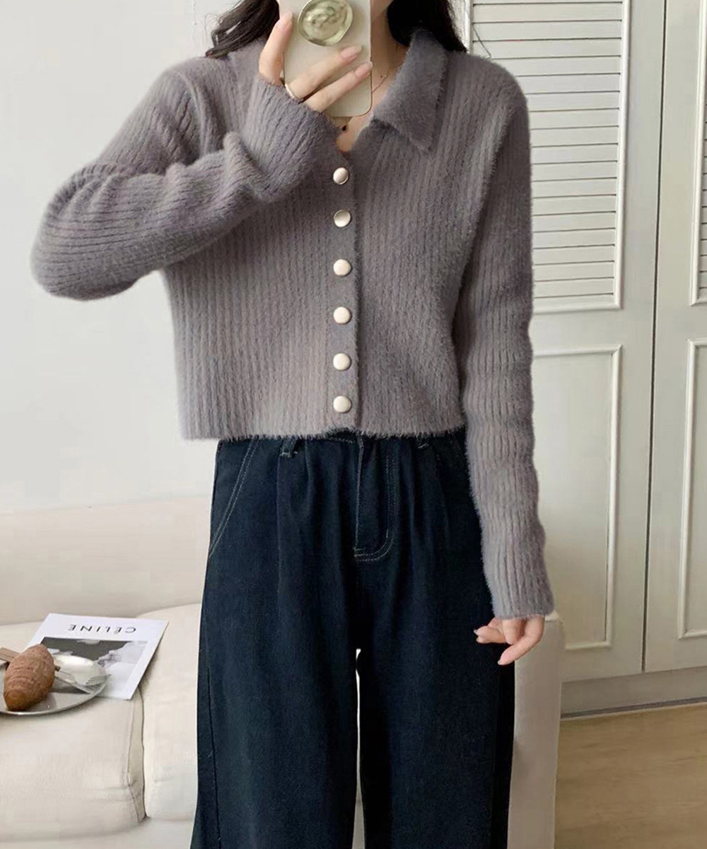 大人かわいい服 ふわもこシャギー襟付きカーディガン