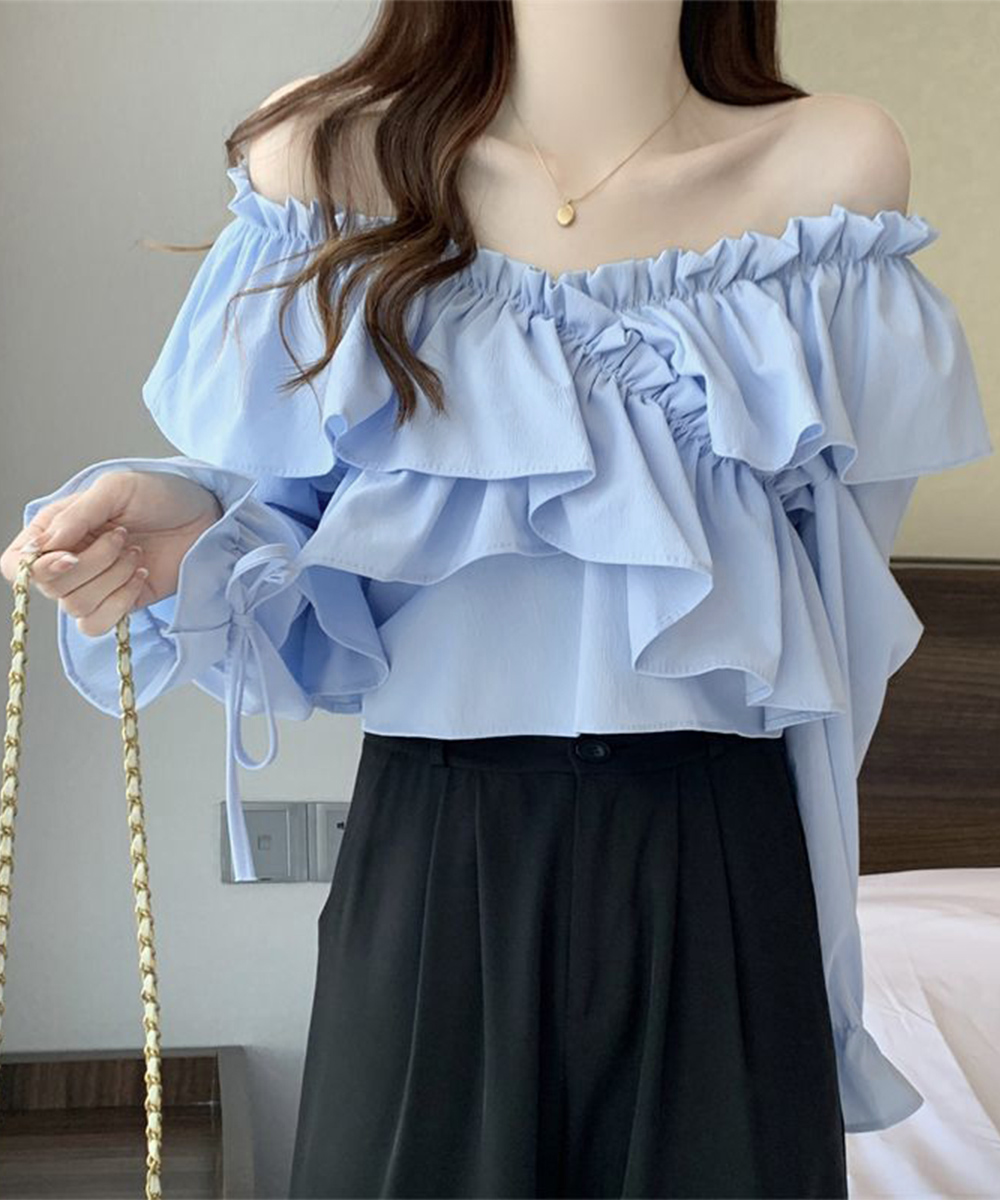 大人かわいい服 華やかフリル 二way長袖トップス オフショルブラウス