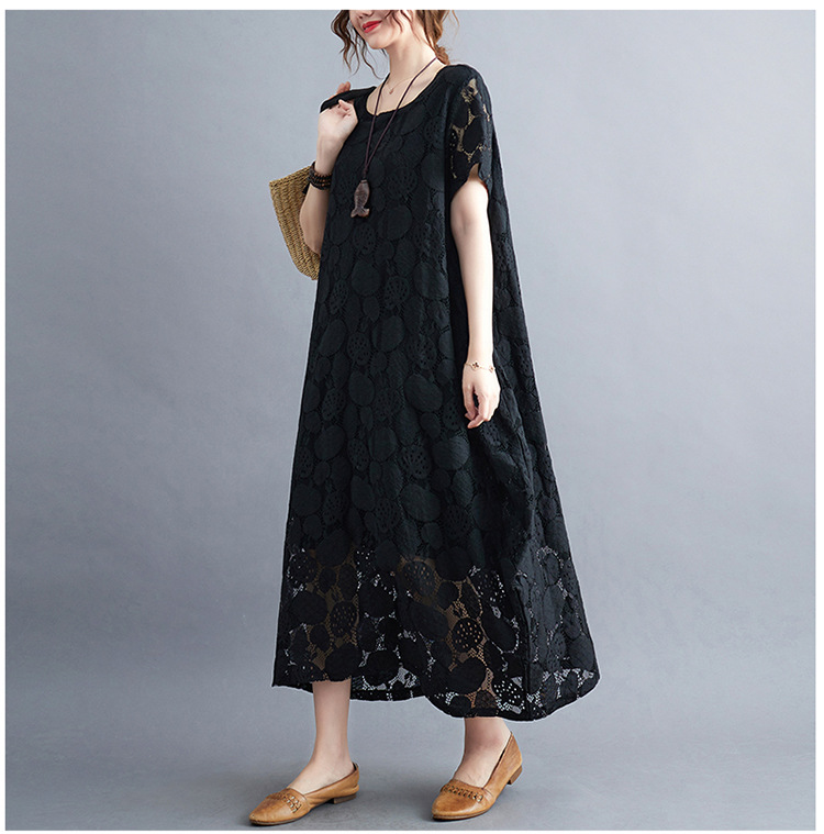 大人かわいい服 花模様レース透かしゆったりワンピース