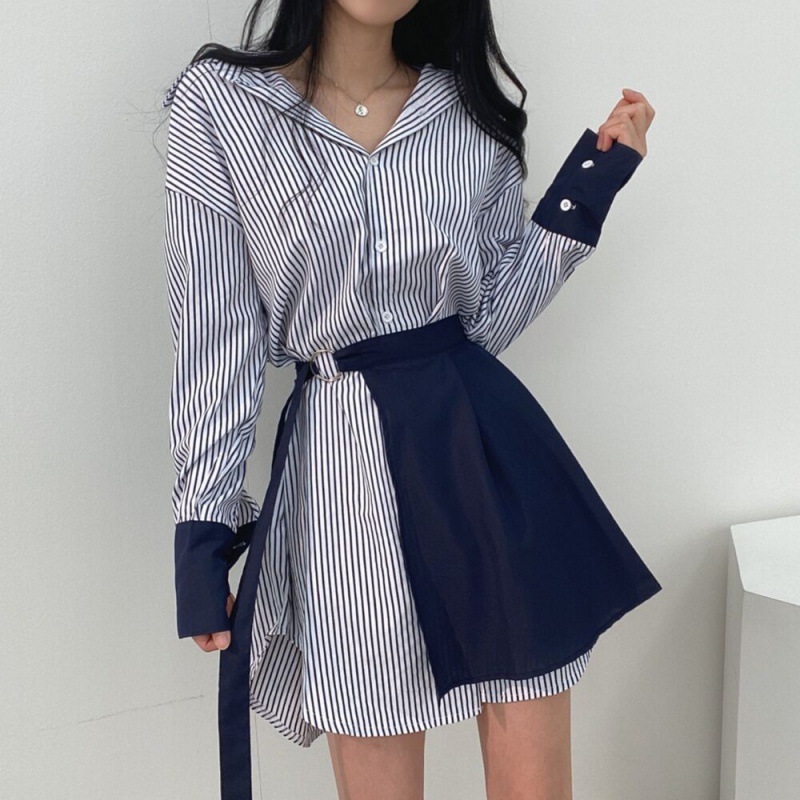 大人かわいい服 配色ストライプ柄シャツワンピース