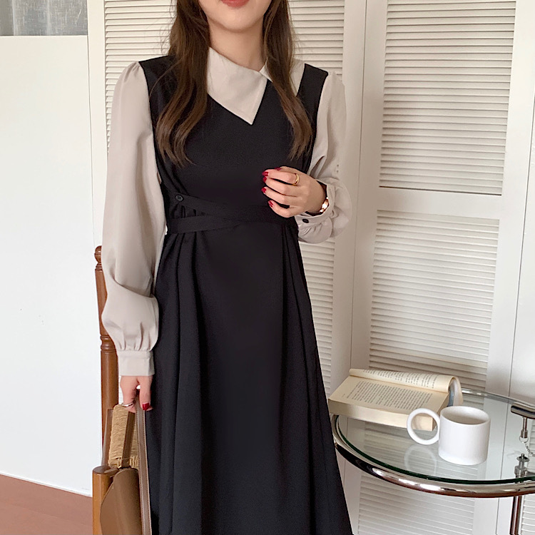 大人かわいい服 フレンチスタイル 配色襟レイヤード風ワンピース