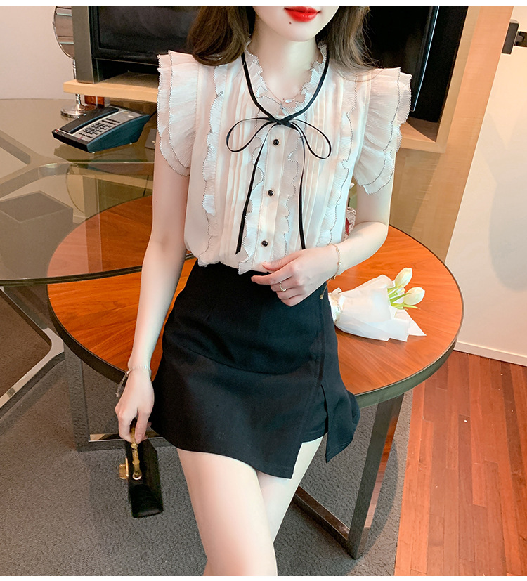 大人かわいい服 フリルリボン シフォンブラウス
