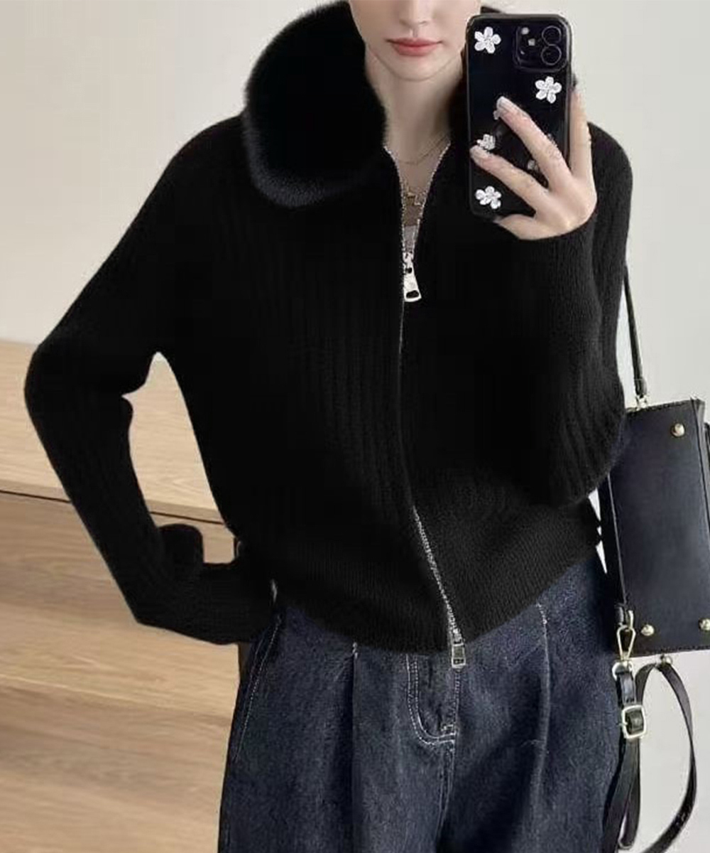 大人かわいい服 ふわふわファー襟リブニットカーディガン