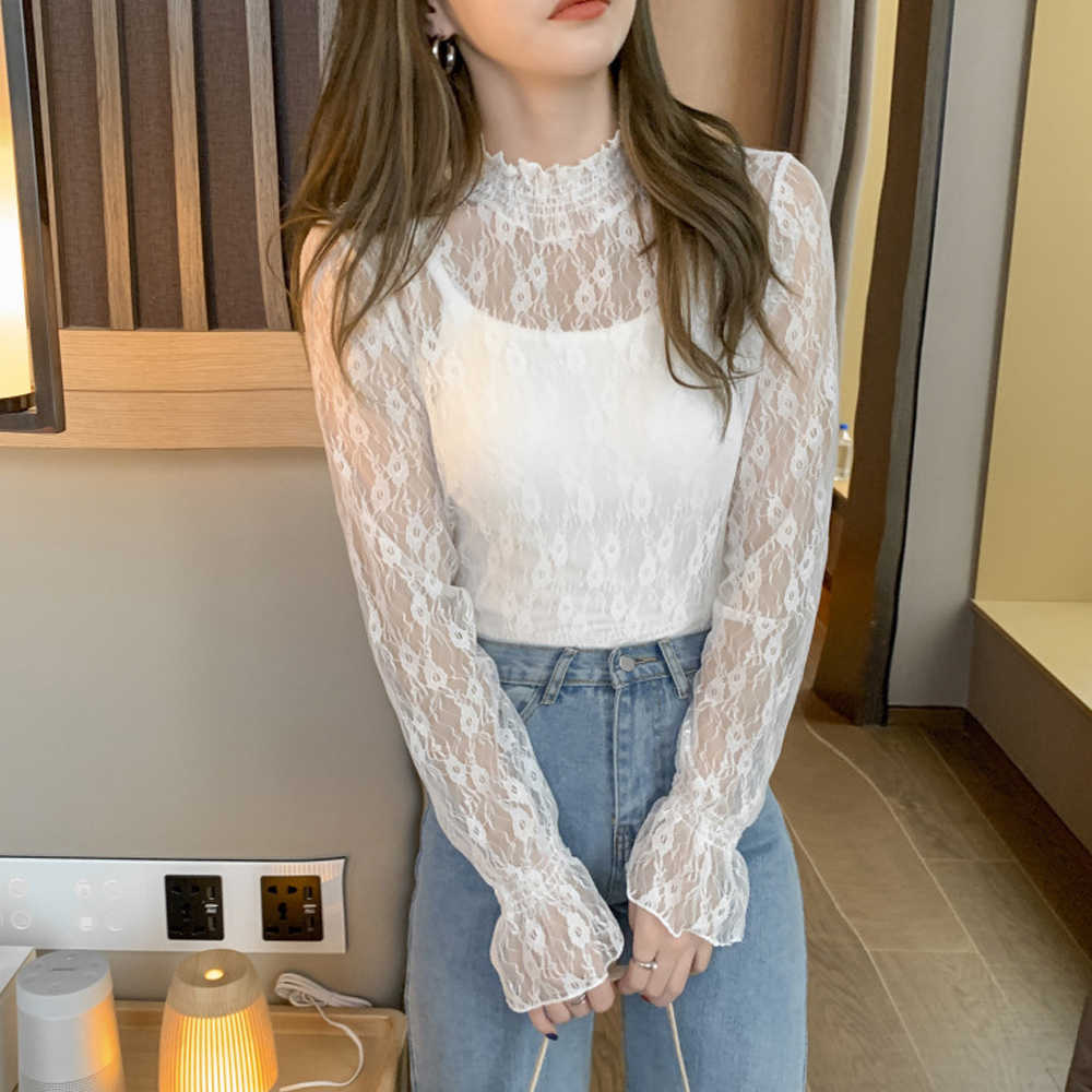 大人かわいい服 花柄レース シースルー トップス プチハイネック フリル