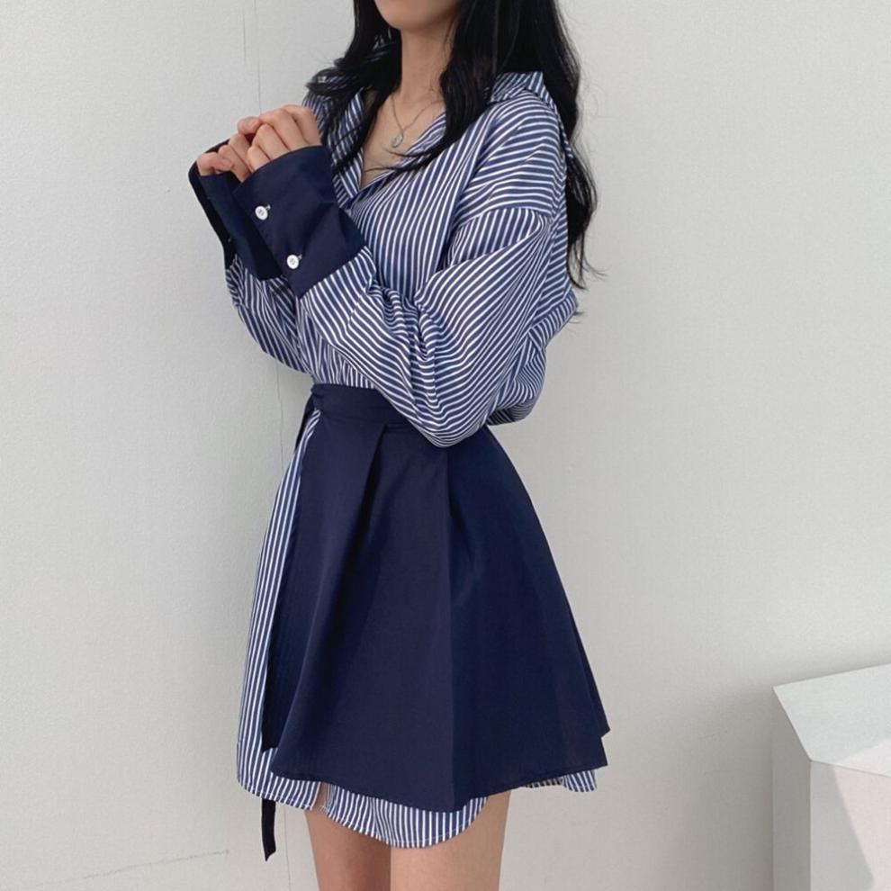 大人かわいい服 配色ストライプ柄シャツワンピース