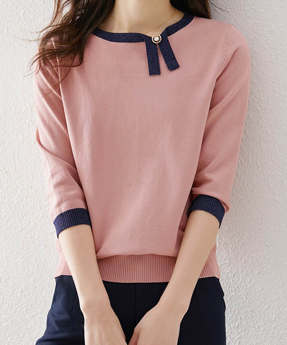 大人かわいい服 レディース七分袖配色リボンニットトップス