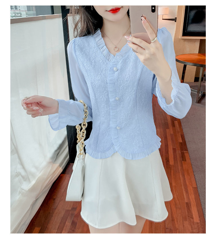 大人かわいい服 花刺繍シアーフリルブラウス