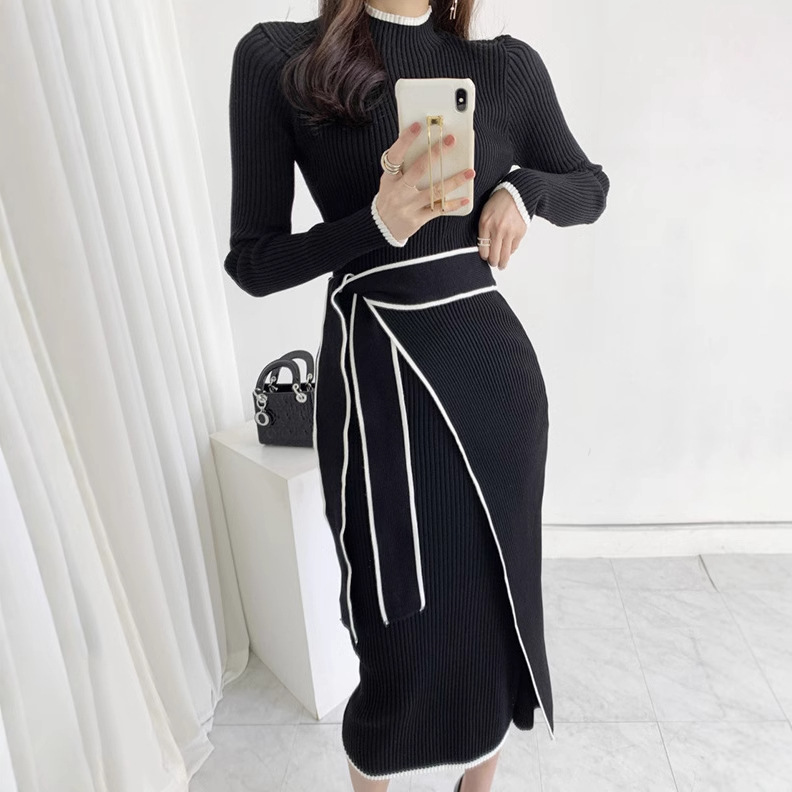 大人かわいい服 配色パイピングリボン付きリブニットワンピース