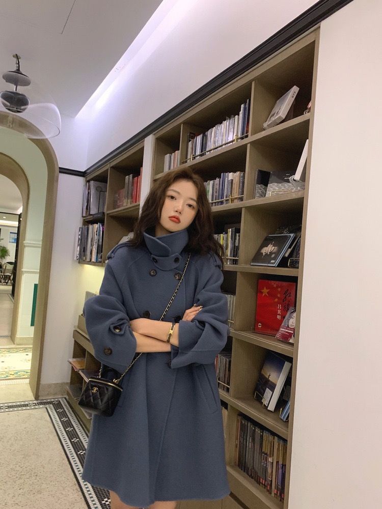 大人かわいい服 ダブルボタンスタンドカラーウールコート