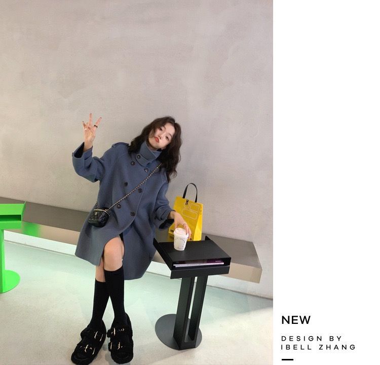 大人かわいい服 ダブルボタンスタンドカラーウールコート