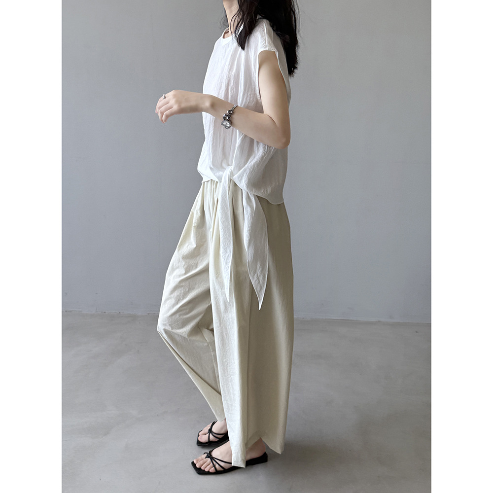 大人かわいい服 リボン結び麻混ノースリーブ