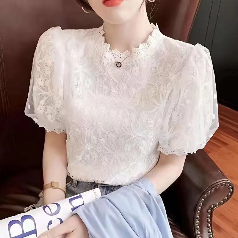 大人かわいい服 花柄レース立ち襟パフスリーブブラウス