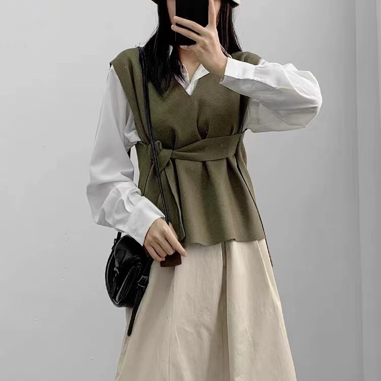 大人かわいい服 秋冬新作ウエストリボンニットベスト上品レディース