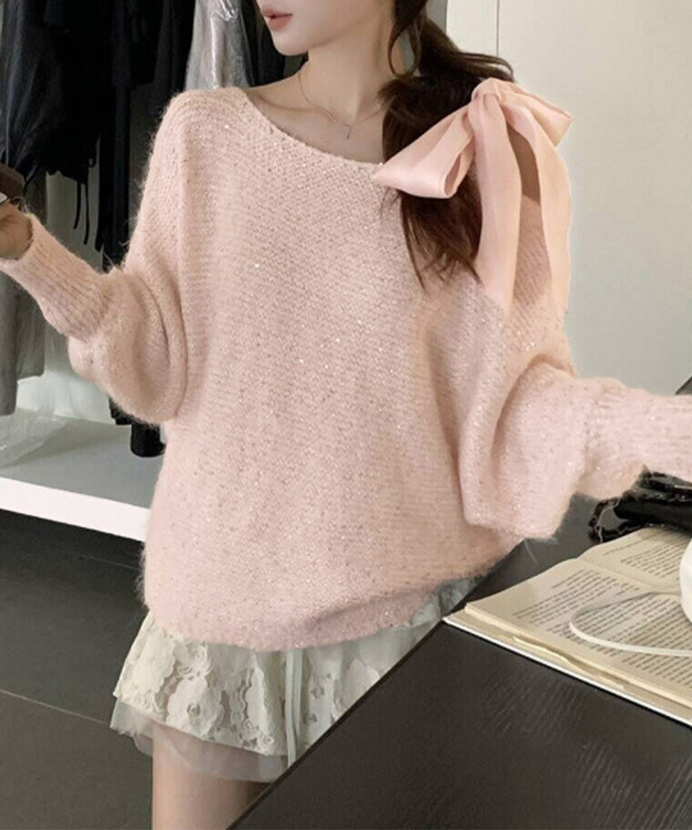 大人かわいい服 ラメシャギー肩リボンオフショルダーニット