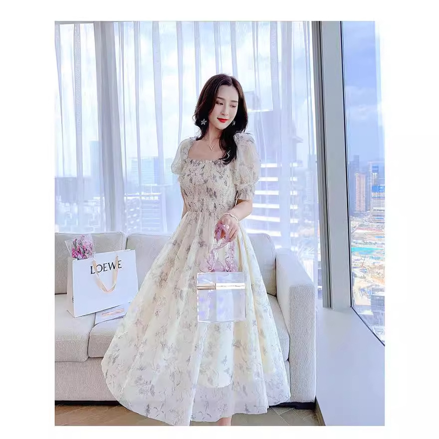 大人かわいい服 花柄刺繍シアーパフスリーブロングワンピース