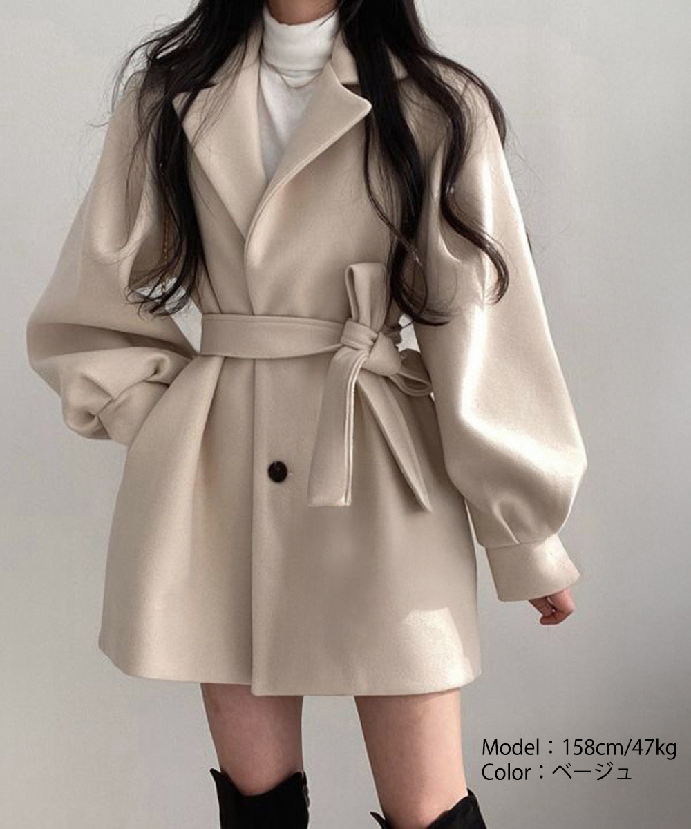 大人かわいい服 ぽわん袖ウエストベルト付きミドル丈チェスターコート 