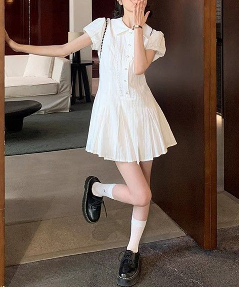 大人かわいい服 プリーツフリル襟ミニワンピース 春夏セット