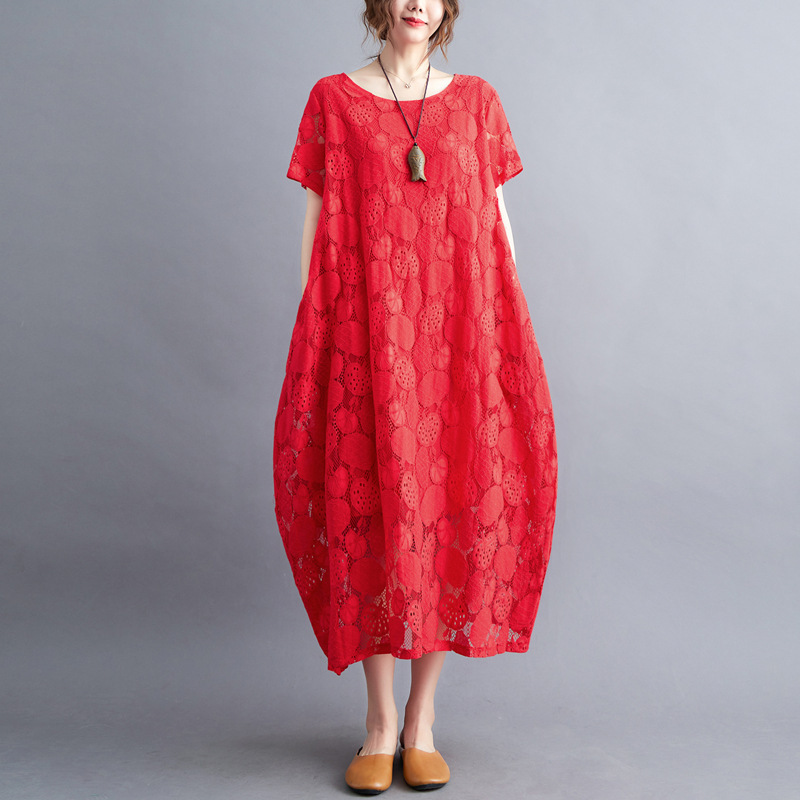 大人かわいい服 花模様レース透かしゆったりワンピース