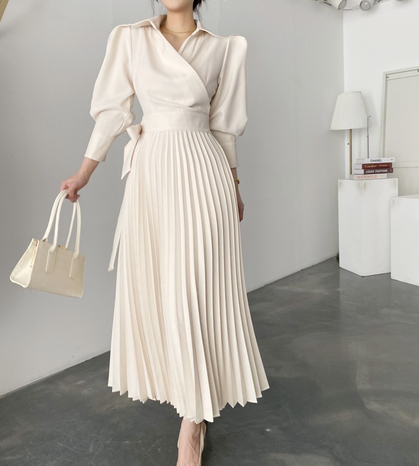 大人かわいい服 サイドリボンプリーツスカート長袖ワンピース