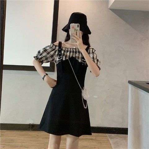 大人かわいい服 チェック柄フリルオフショルダーワンピース