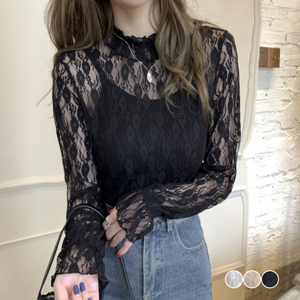 大人かわいい服 花柄レース シースルー トップス プチハイネック フリル