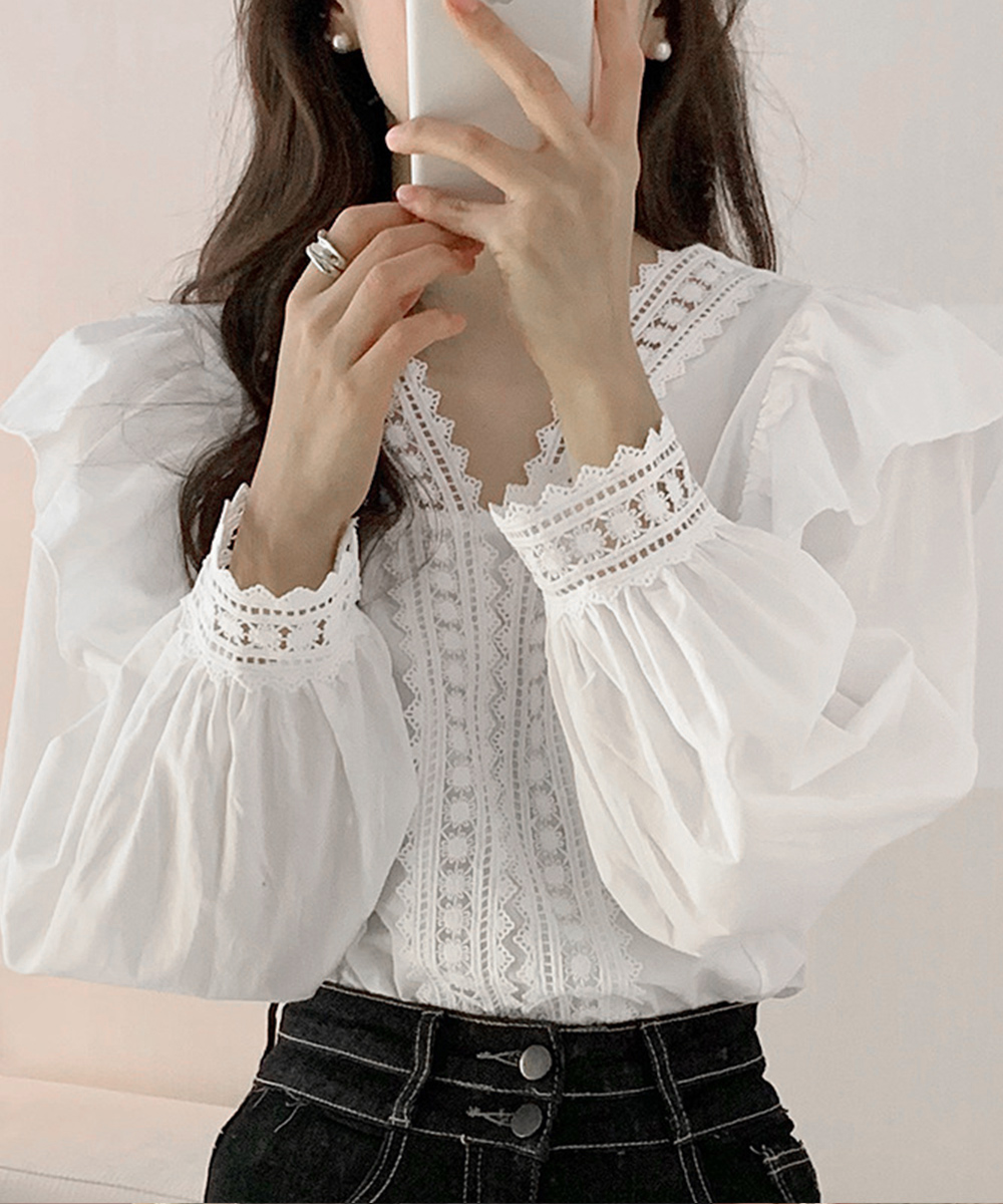 大人かわいい服 レース切替 ふんわりフリルブラウス 上品トップス