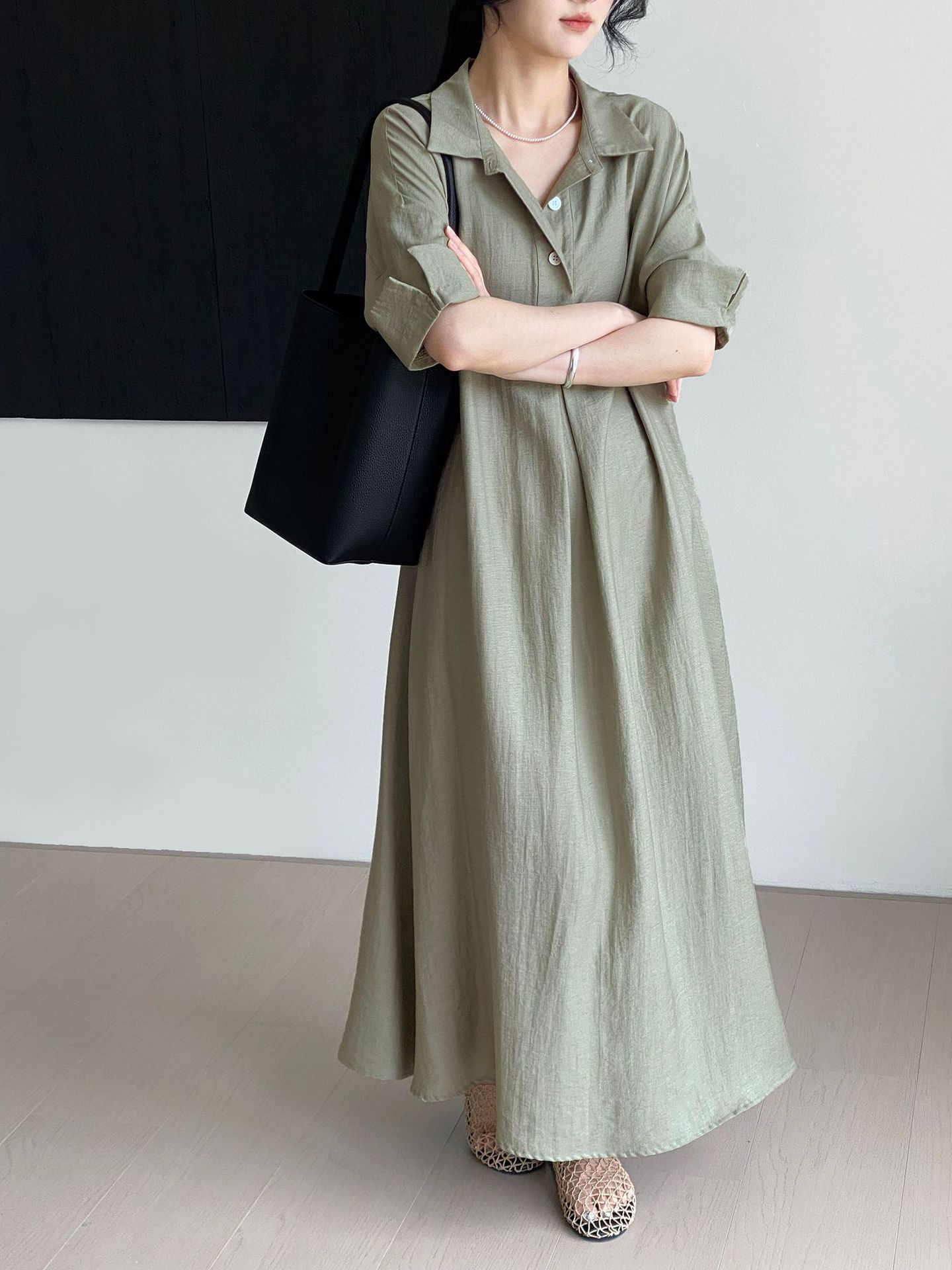 大人かわいい服 麻風合いシャツ襟ロングワンピース