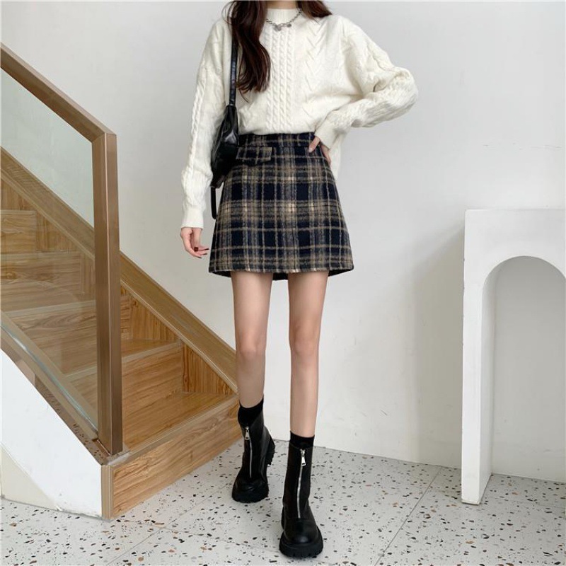 大人かわいい服 チェック柄ウール混台形ミニスカート