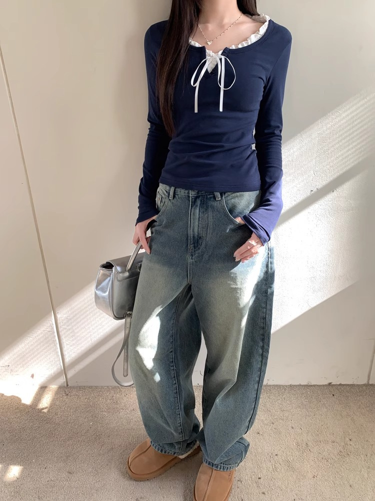 大人かわいい服 フリル襟リボン結び長袖カットソー