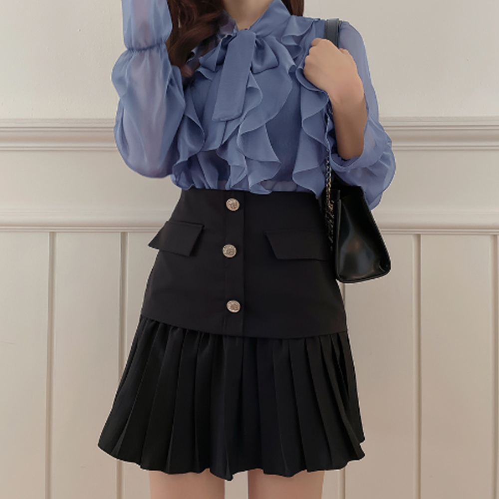 大人かわいい服 上品リボン付きフリルシアートップス 長袖ブラウス