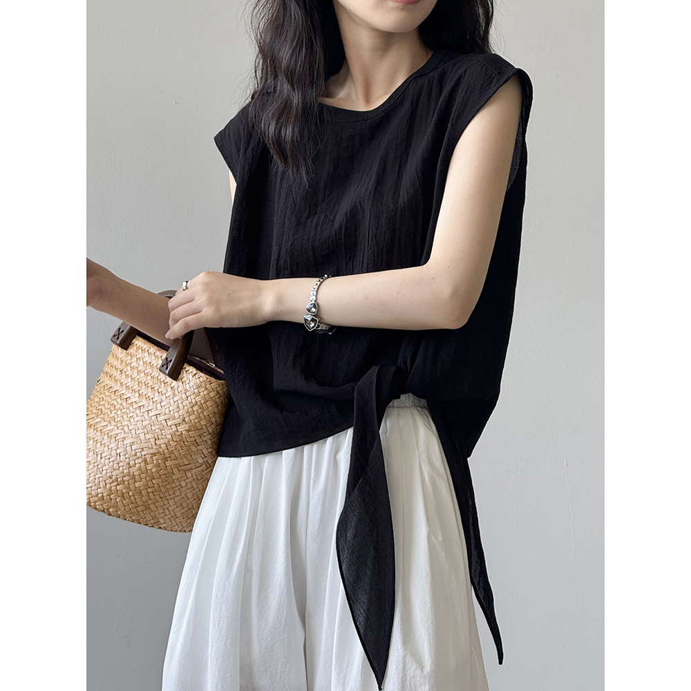 大人かわいい服 リボン結び麻混ノースリーブ