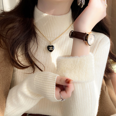 大人かわいい服 裏起毛リブ編みハイネックニットトップス