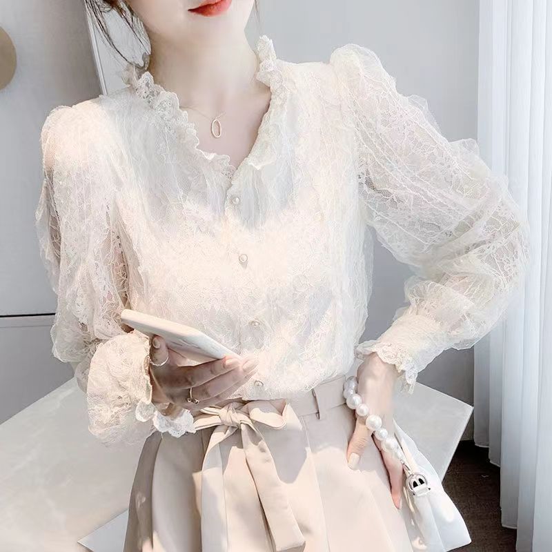 大人かわいい服 大人かわいい服 レースフリル襟ボリューム袖ブラウス