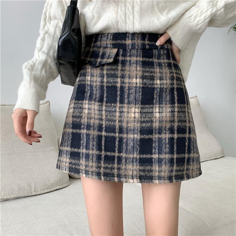 大人かわいい服 チェック柄ウール混台形ミニスカート