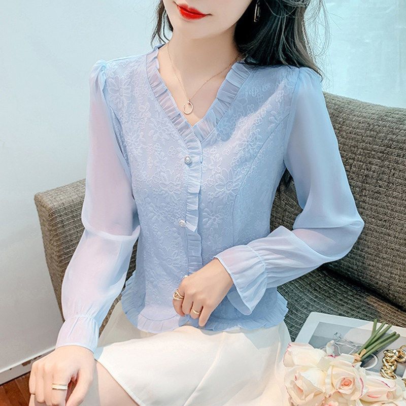 大人かわいい服 花刺繍シアーフリルブラウス