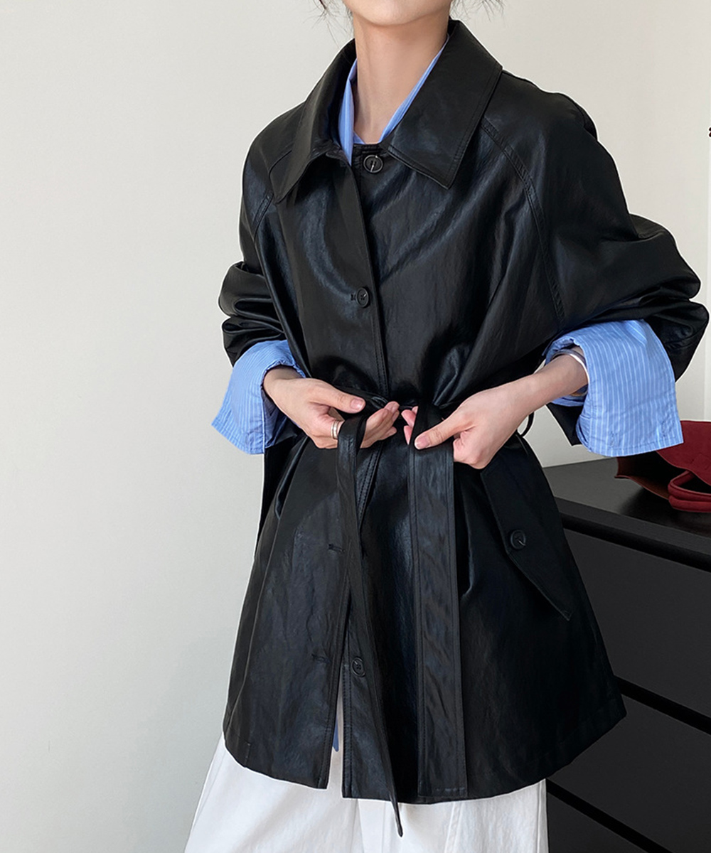 大人かわいい服 合皮ロングジャケット ウエストベルト付き秋冬アウター