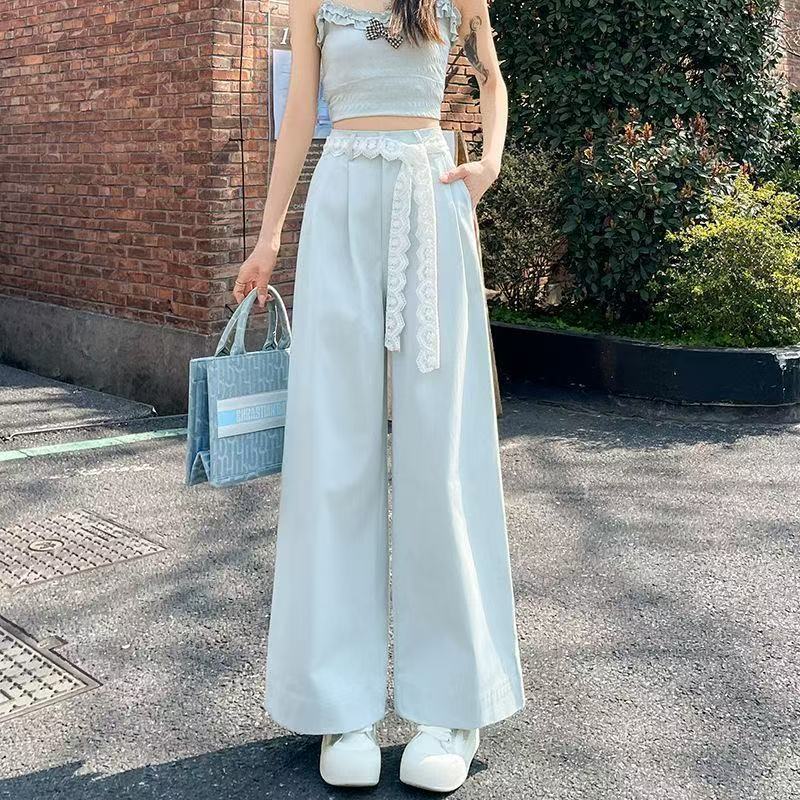 大人かわいい服 レースリボン付きハイウエストワイドパンツ