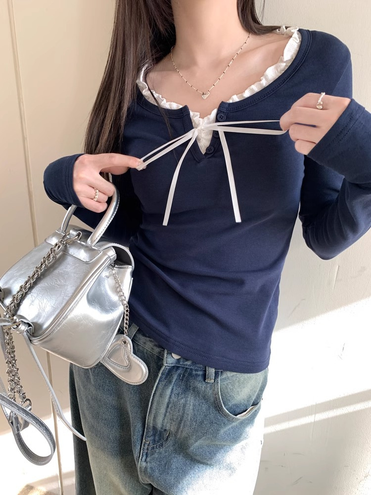 大人かわいい服 フリル襟リボン結び長袖カットソー