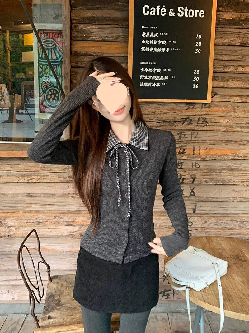 大人かわいい服 チェック柄襟付きリボン結び長袖ニットトップス