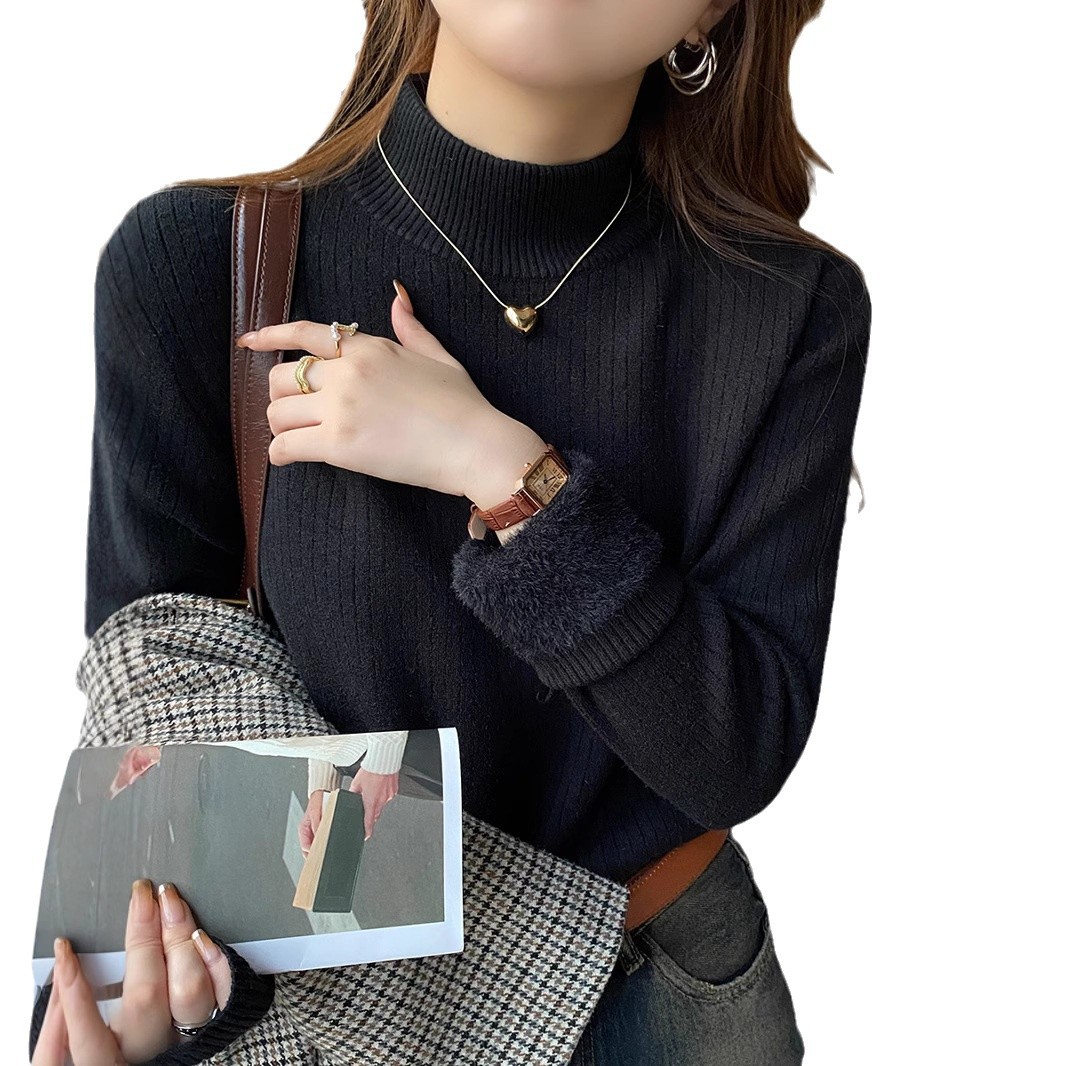 大人かわいい服 裏起毛リブ編みハイネックニットトップス