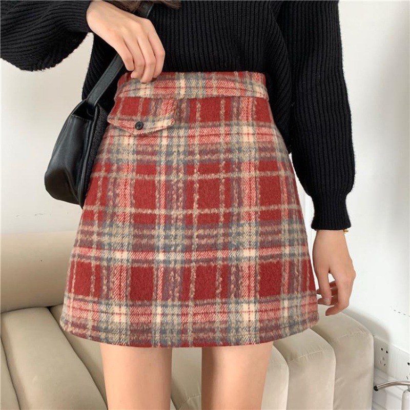 大人かわいい服 チェック柄ウール混台形ミニスカート