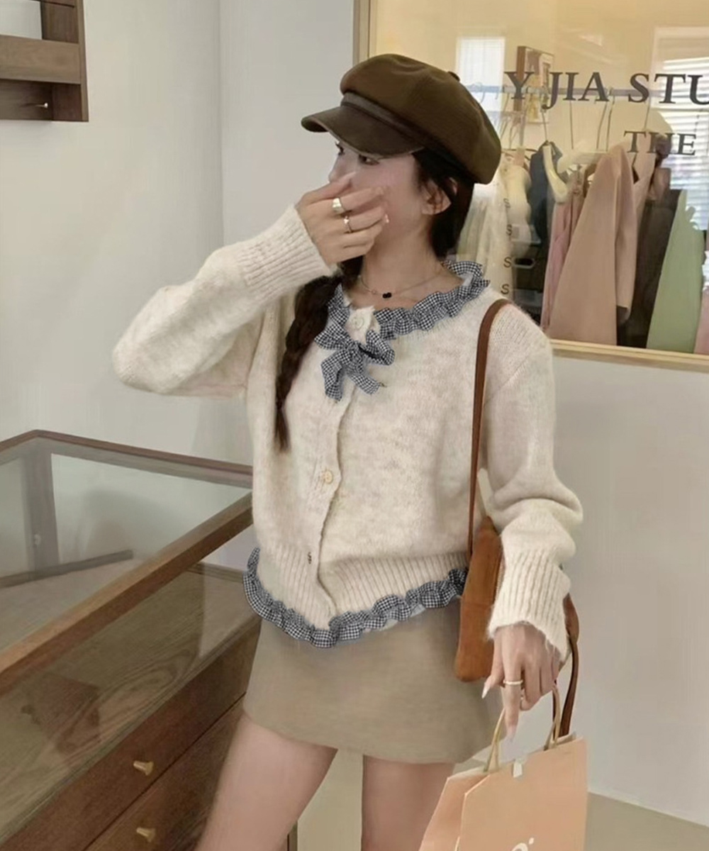 大人かわいい服 格子柄リボン付きフリルニットカーディガン