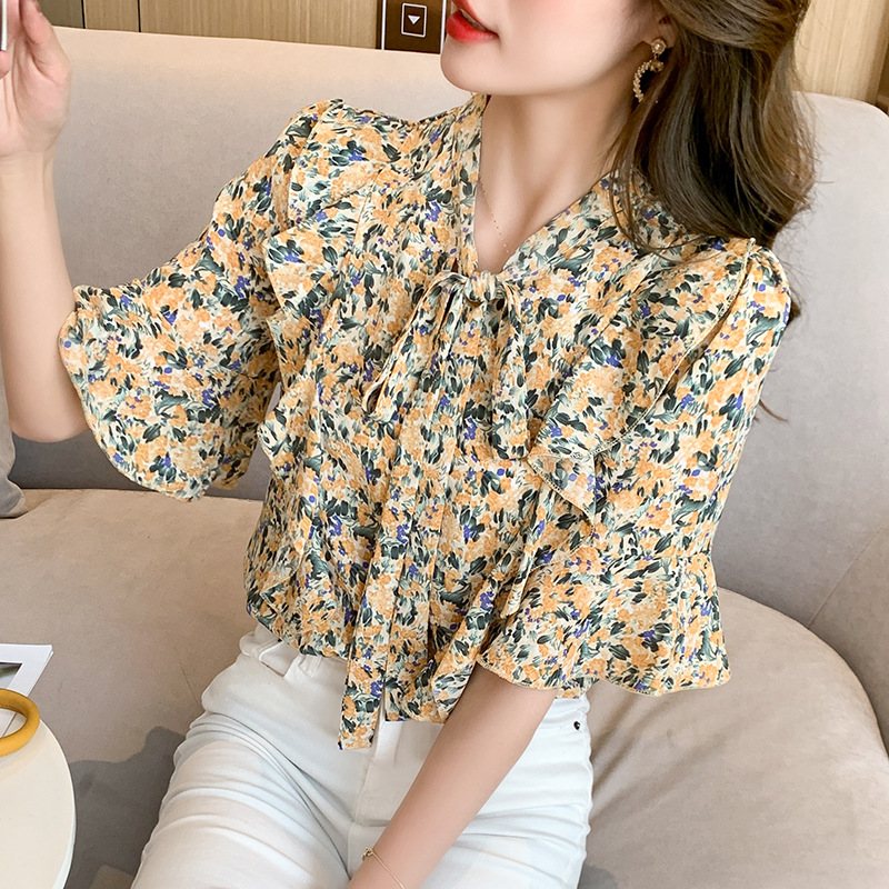 大人かわいい服 花柄リボンタイ七分袖ブラウス